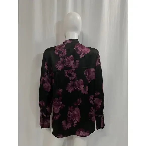 Vince 'Begonia' Black Floral Silk Banded Long Sleeve Collar Shirt Size M - Picture 3 of 5